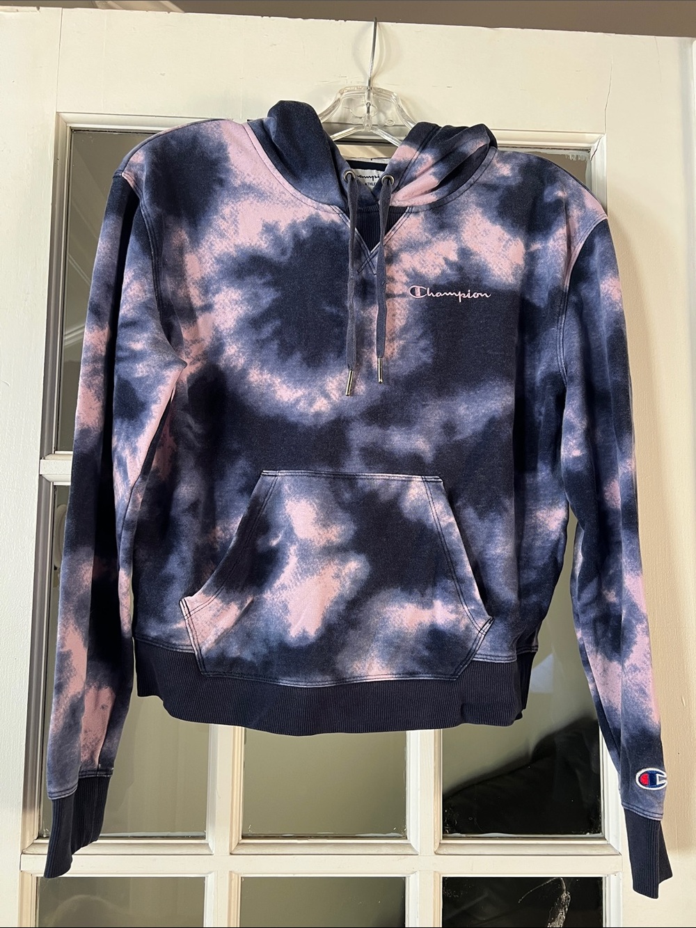 Champion Women's Tie-Dye Crewneck in Navy and Pink